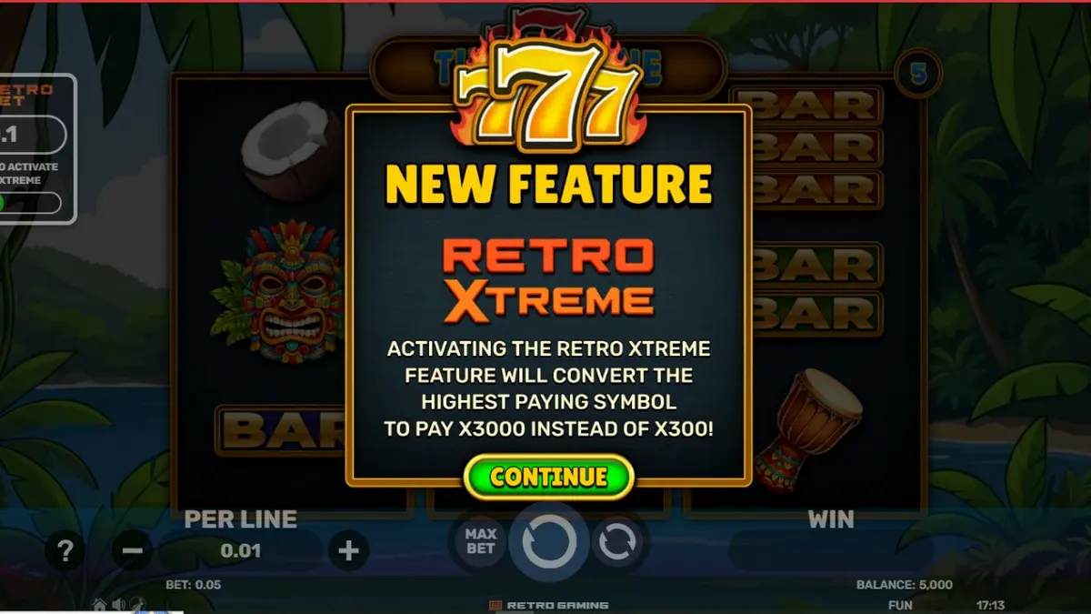 Tampilan visual slot 777 – Tiki Throne dengan latar belakang pulau tropis dan patung tiki.